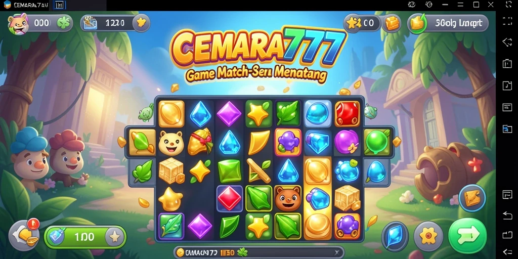Screenshot gameplay CEMARA777 menampilkan level Match-3 yang penuh warna dan tantangan.