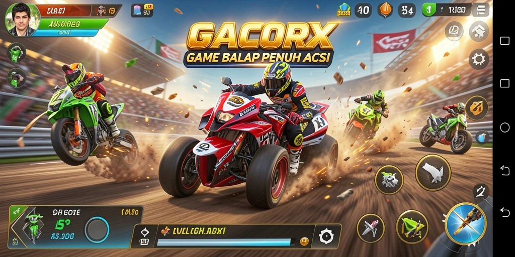 Tangkapan layar gameplay GACORX menampilkan aksi balapan yang mendebarkan.