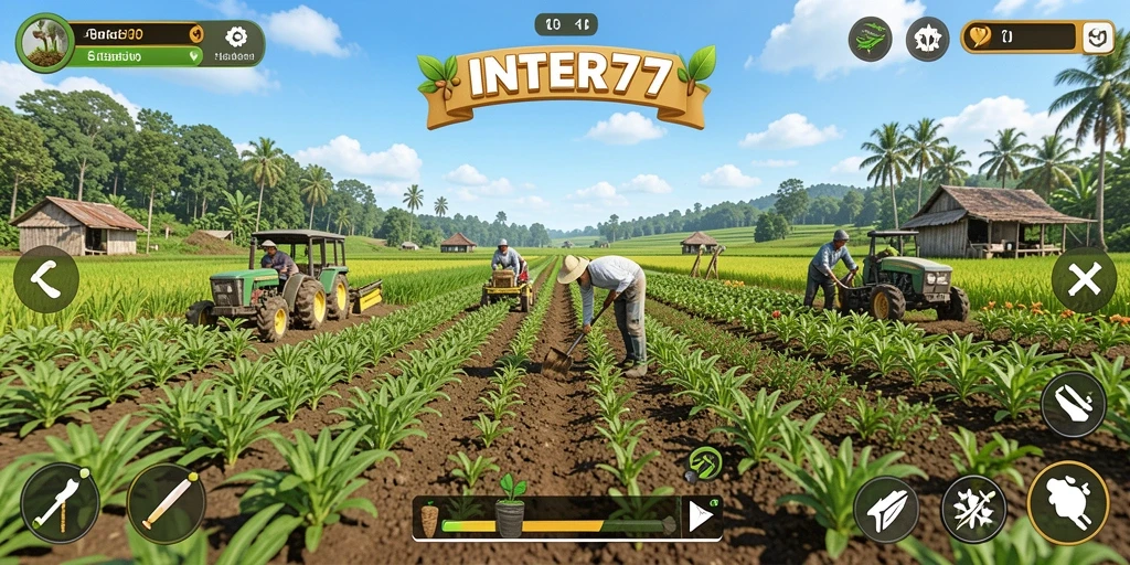 Tangkapan layar dari gameplay INTER77 yang menunjukkan aktivitas bertani.