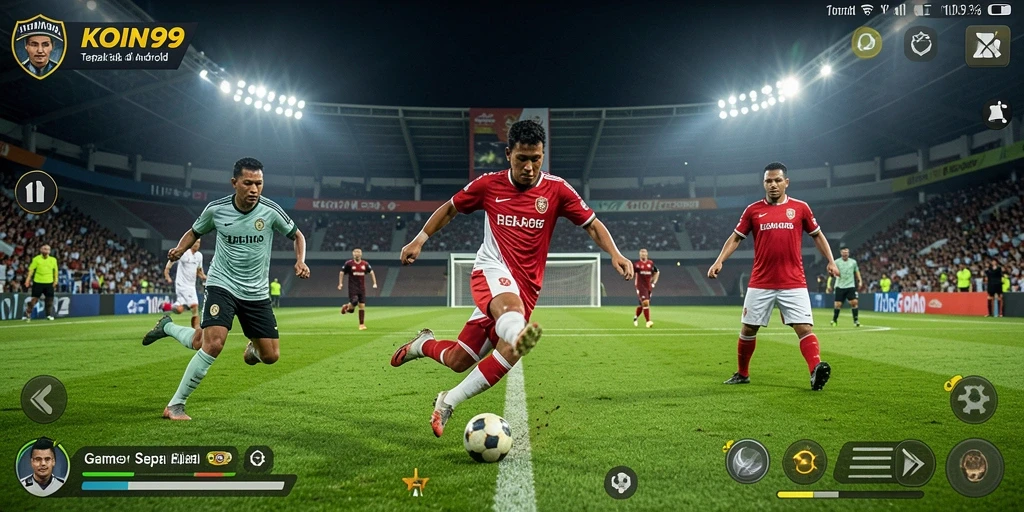 Tangkapan layar gameplay KOIN99 yang menunjukkan aksi sepak bola yang mendebarkan.