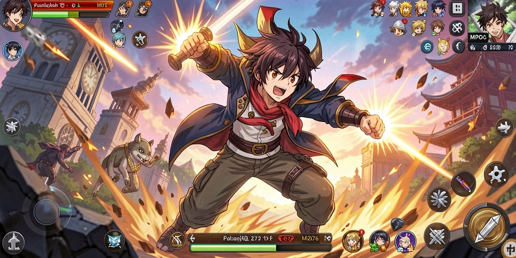 Screenshot gameplay MPO76 menampilkan aksi penuh warna dari karakter Anime.