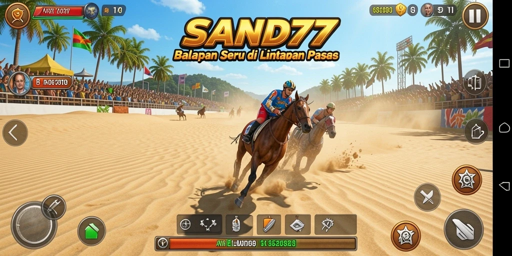 Tangkapan layar utama SAND77 menampilkan aksi balapan yang mendebarkan.