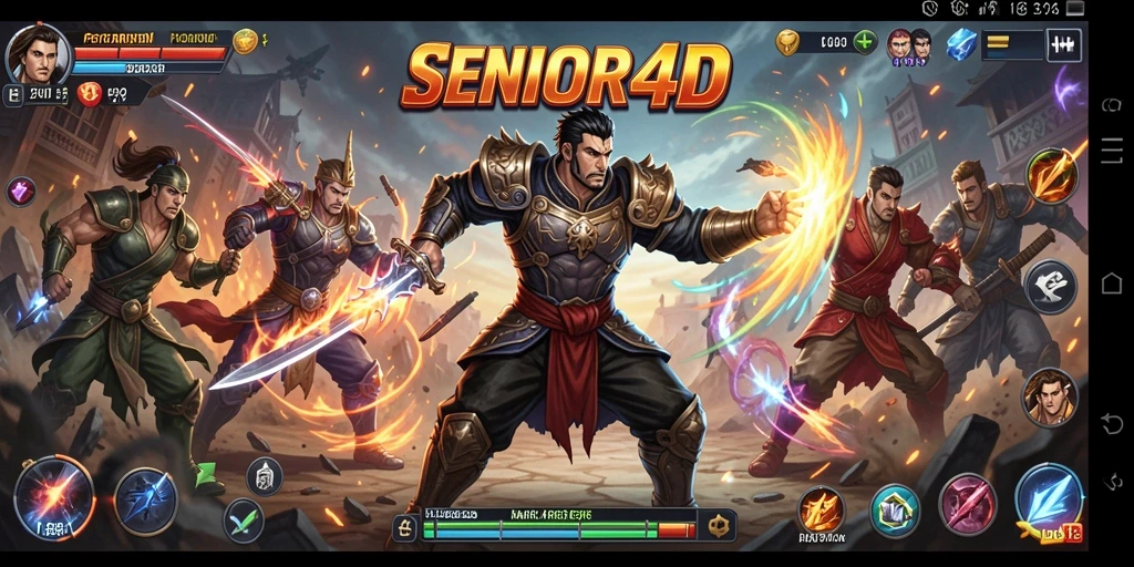 Tampilan layar pertarungan seru dalam SENIOR4D yang menampilkan aksi karakter.