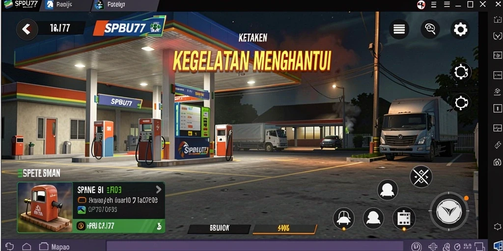 Screenshot gameplay SPBU77 dengan suasana horor yang intens.